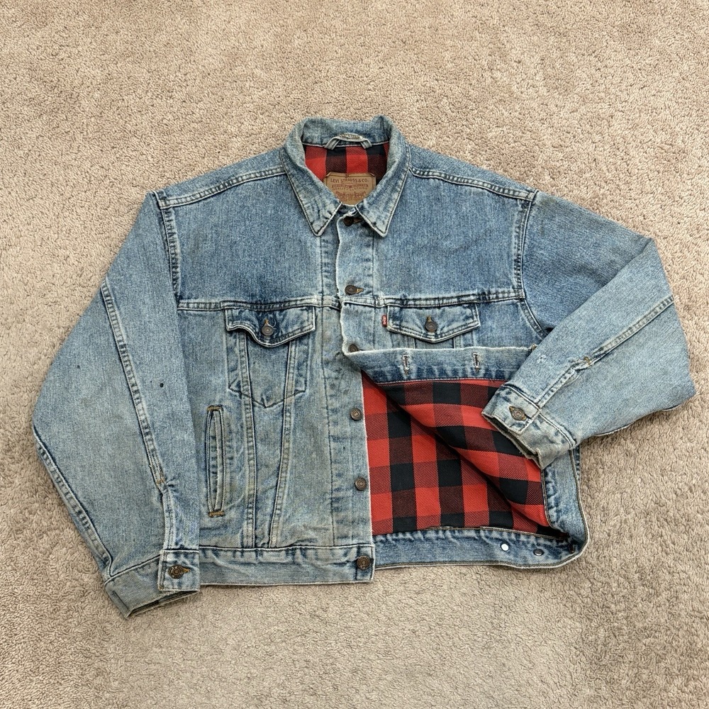 Vintage 90s Levis Denim Jacket Mens Medium Plaid Lined Trucker 70417-4891 USA